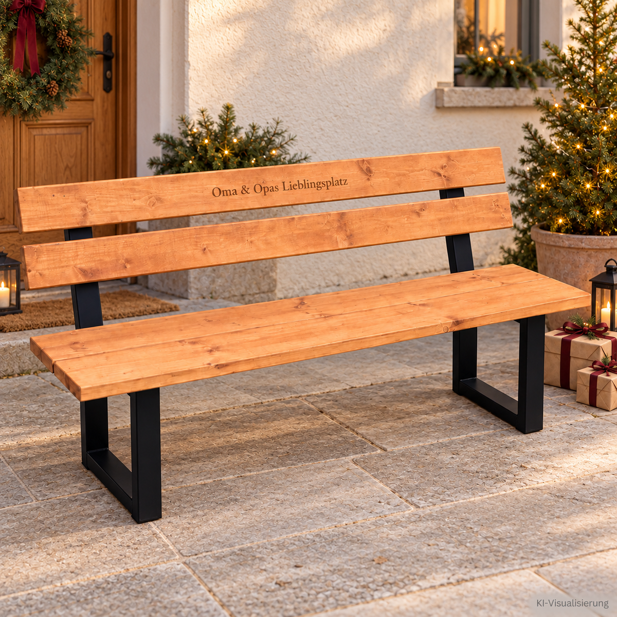 Gartenbank ohne Armlehnen mit Gravur Oma & Opas Lieblingsplatz – weihnachtliche KI-Visualisierung