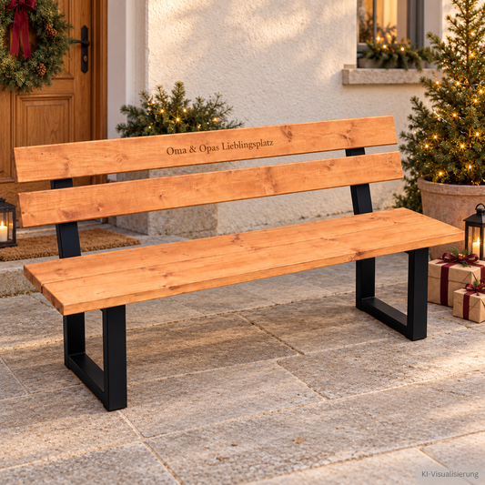 Gartenbank ohne Armlehnen mit Gravur Oma & Opas Lieblingsplatz – weihnachtliche KI-Visualisierung