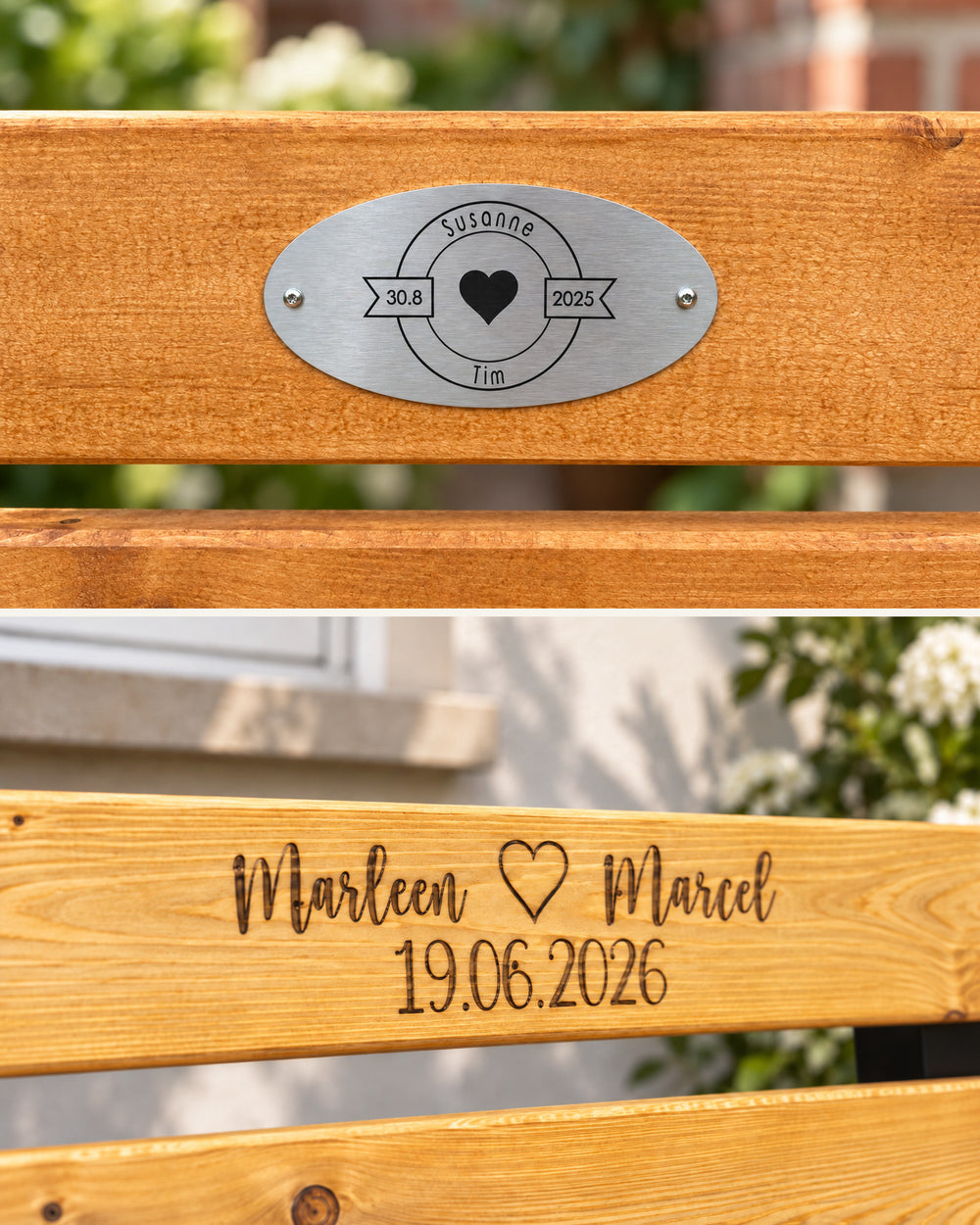 Zwei Personalisierungsarten an Gartenbänken: gebürstete Edelstahlplakette mit Namen und Herz sowie Holzgravur mit Namen und Datum
