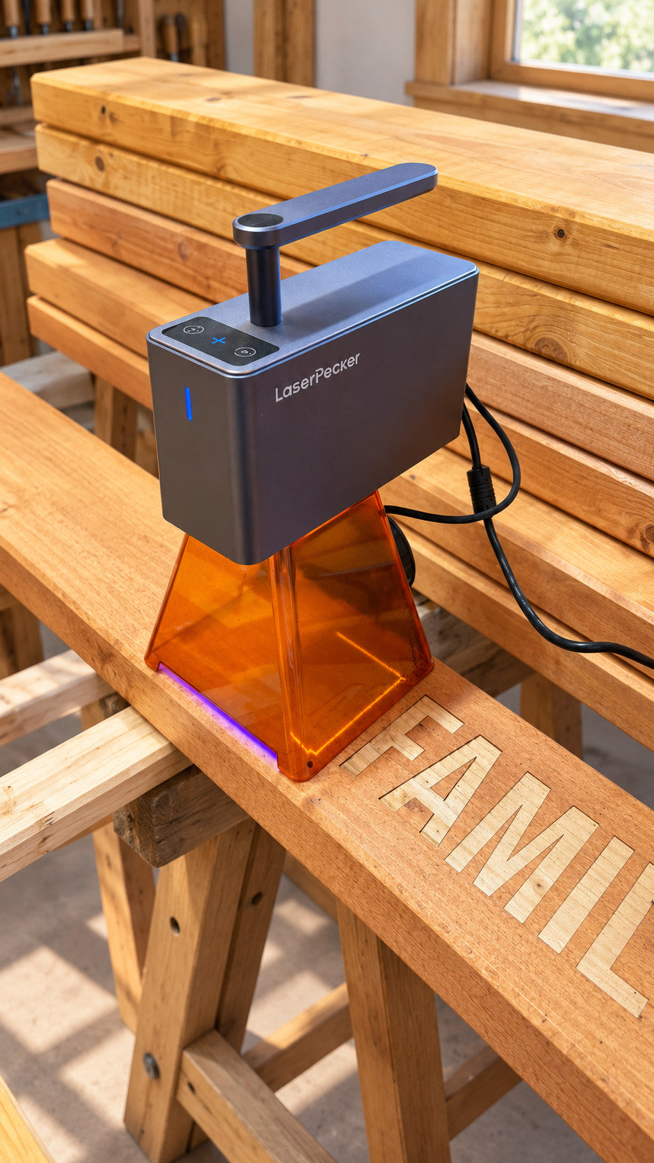 LaserPecker auf einer Holzbohle mit individueller Gravur in aufgeräumter Werkstatt, bearbeitete Bilddarstellung